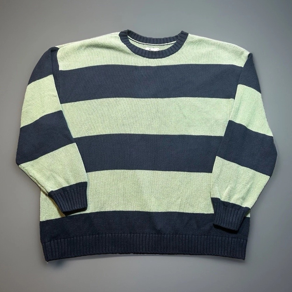 Vintage Hollister Striped Sweater XXL Men Y2K Chunky Knit Blue Green Crewneck